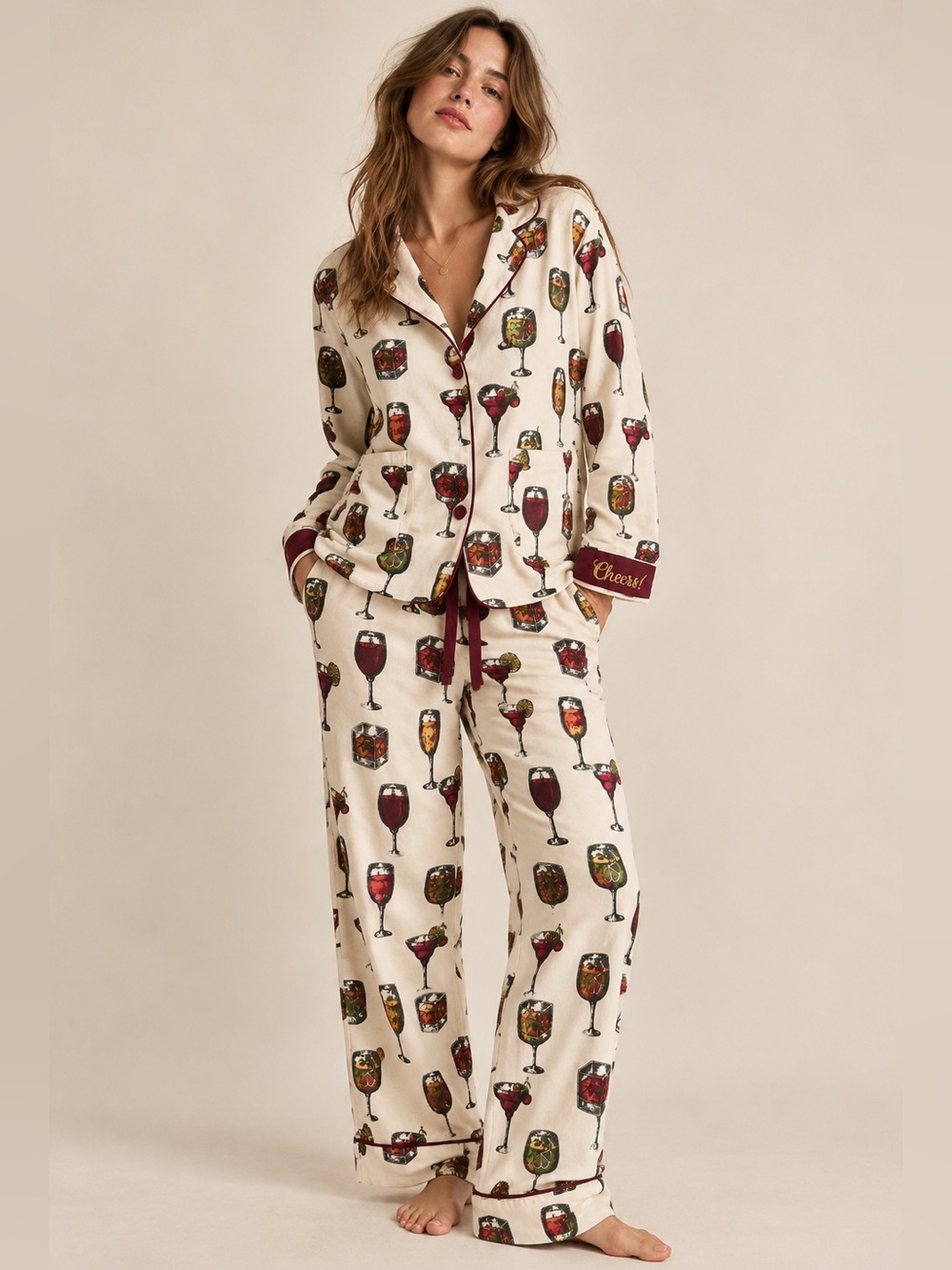 PJ Salvage Cocktail Novelty Print Cheers Flannel Pajama Set 100% Cotton M NWT